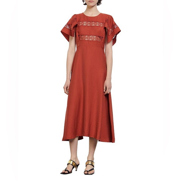 NWOT Sandro Red Midi Dress with Lace Accents size EU34 - Picture 3 of 10